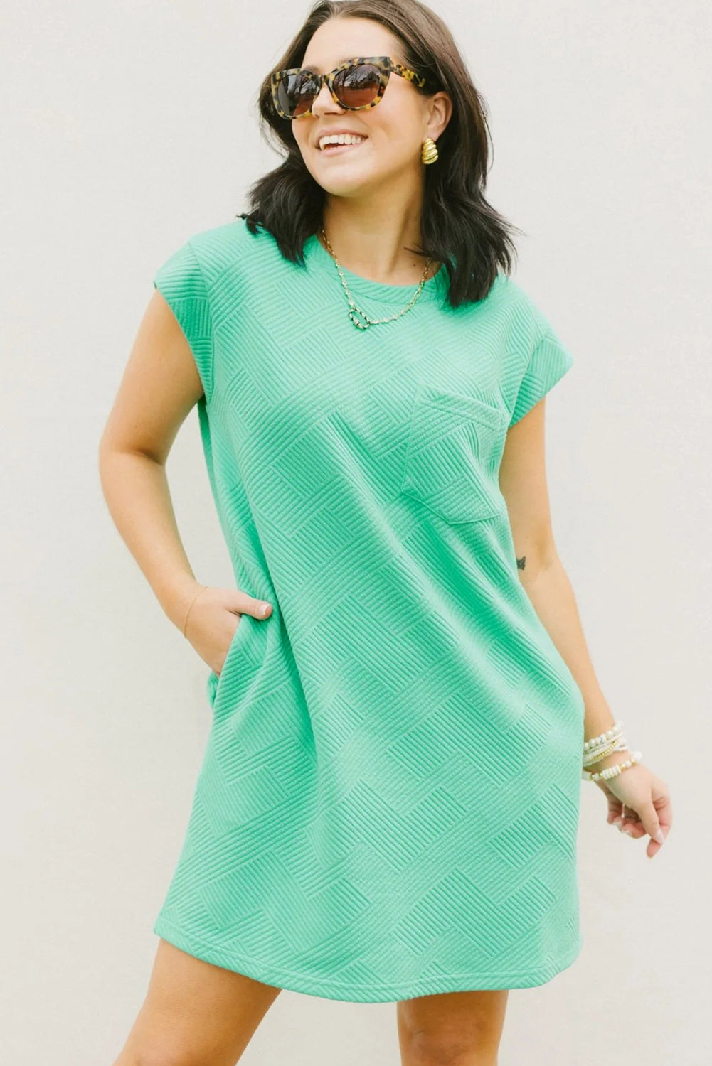 Mint Green Textured Cap Sleeve T Shirt Dress T Shirt Dresses JT's Designer Fashion