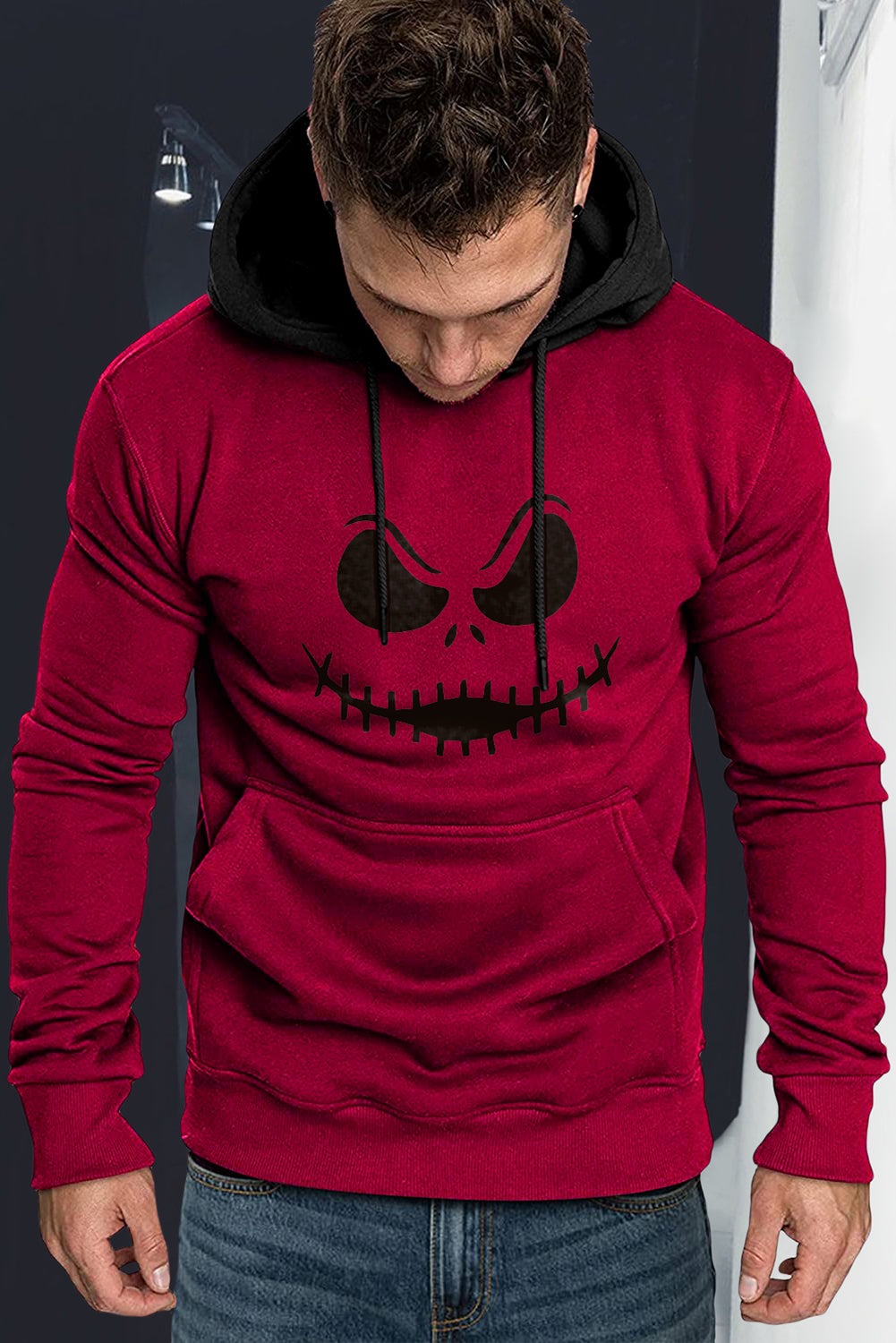 Fiery Red Funny Face Print Color Block Pocketed Men's Hoodie Fiery Red 100%polyester Men's Tops JT's Designer Fashion