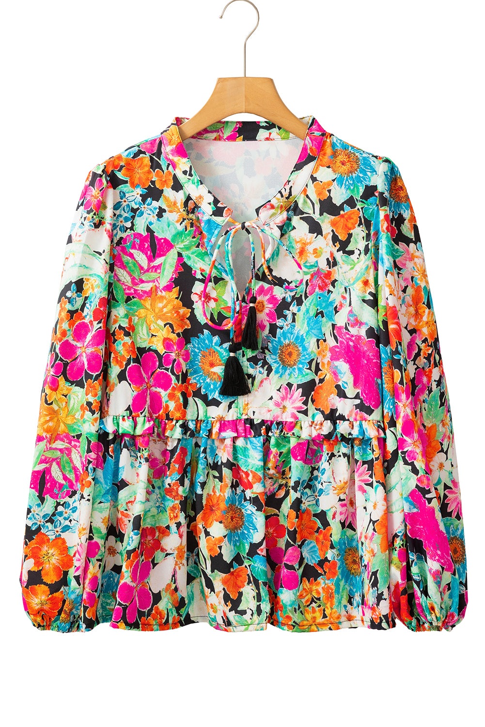 Multicolour Floral Print Bubble Sleeve V Neck Ruffled Blouse Blouses & Shirts JT's Designer Fashion