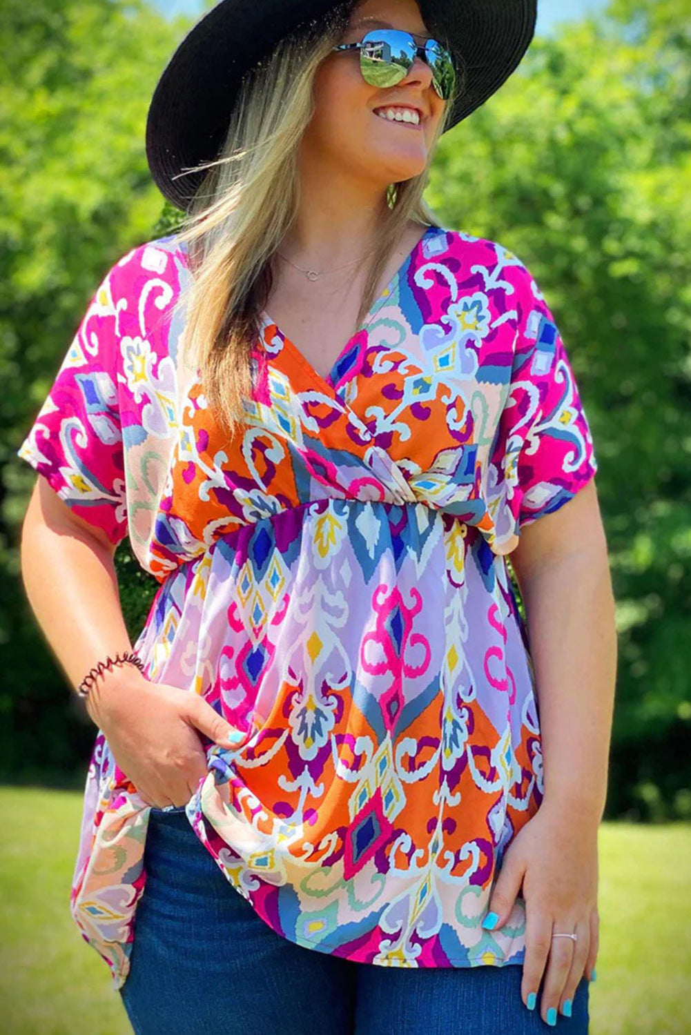 Multicolour Dreamy Print Wrap V Neck Plus Babydoll Blouse Plus Size JT's Designer Fashion