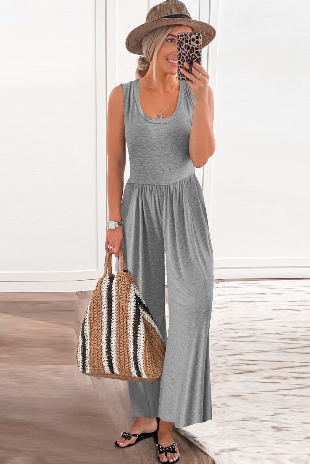 Gray Sleeveless Wide Leg Jumpsuit Jumpsuits & Rompers JT's Designer Fashion