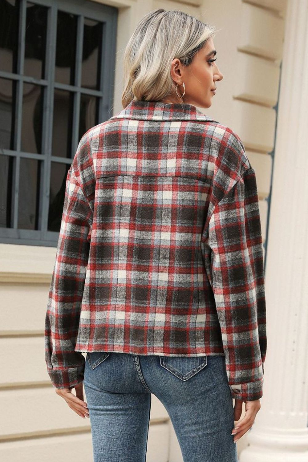 Pocketed Plaid Collared Neck Dropped Shoulder Jacket Long Sleeve Tops JT's Designer Fashion