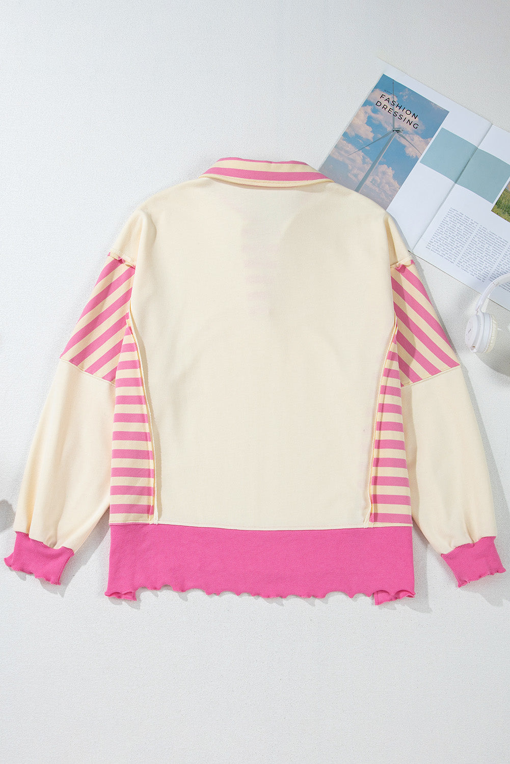 Pink Stripe Colorblock Patchwork Collared French Terry Knit Top Blouses & Shirts JT's Designer Fashion