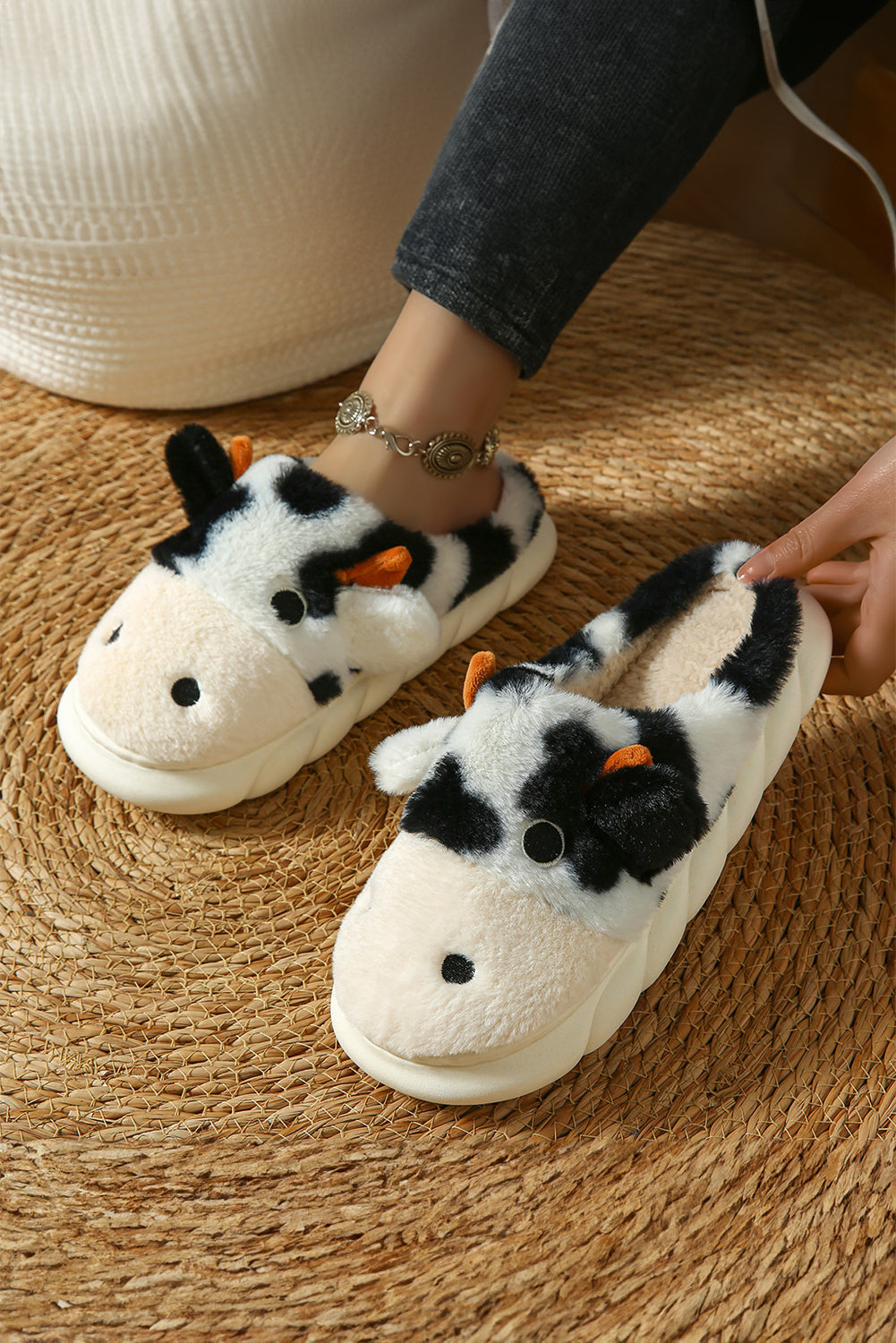 White Cute Cow Thick Sole Plush Thermal Home Slippers Slippers JT's Designer Fashion