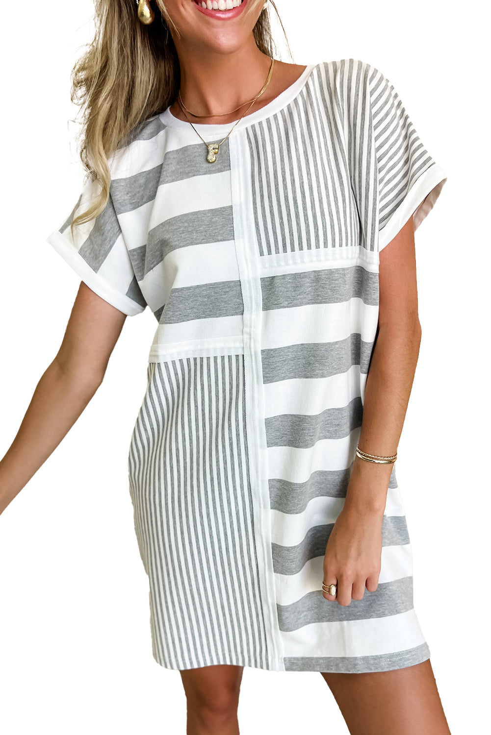 Gray Stripe Mixed Printed Short Sleeve Shift Mini T Shirt Dress T Shirt Dresses JT's Designer Fashion