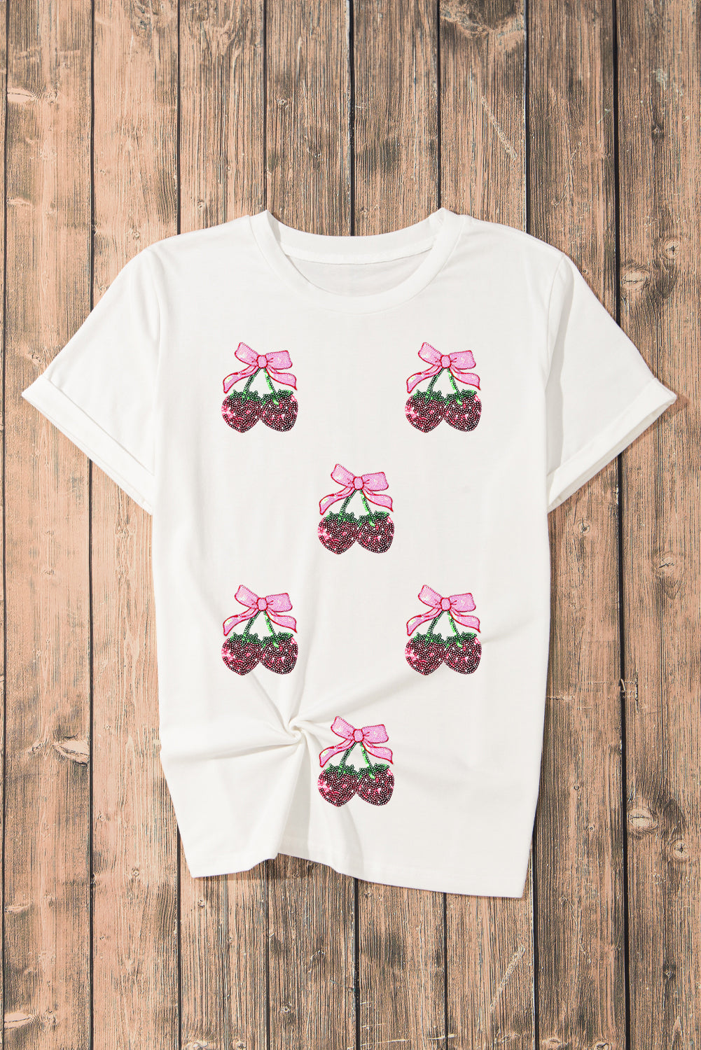 White Sequin Bow Strawberry Graphic Crew Neck T Shirt Graphic Tees JT's Designer Fashion