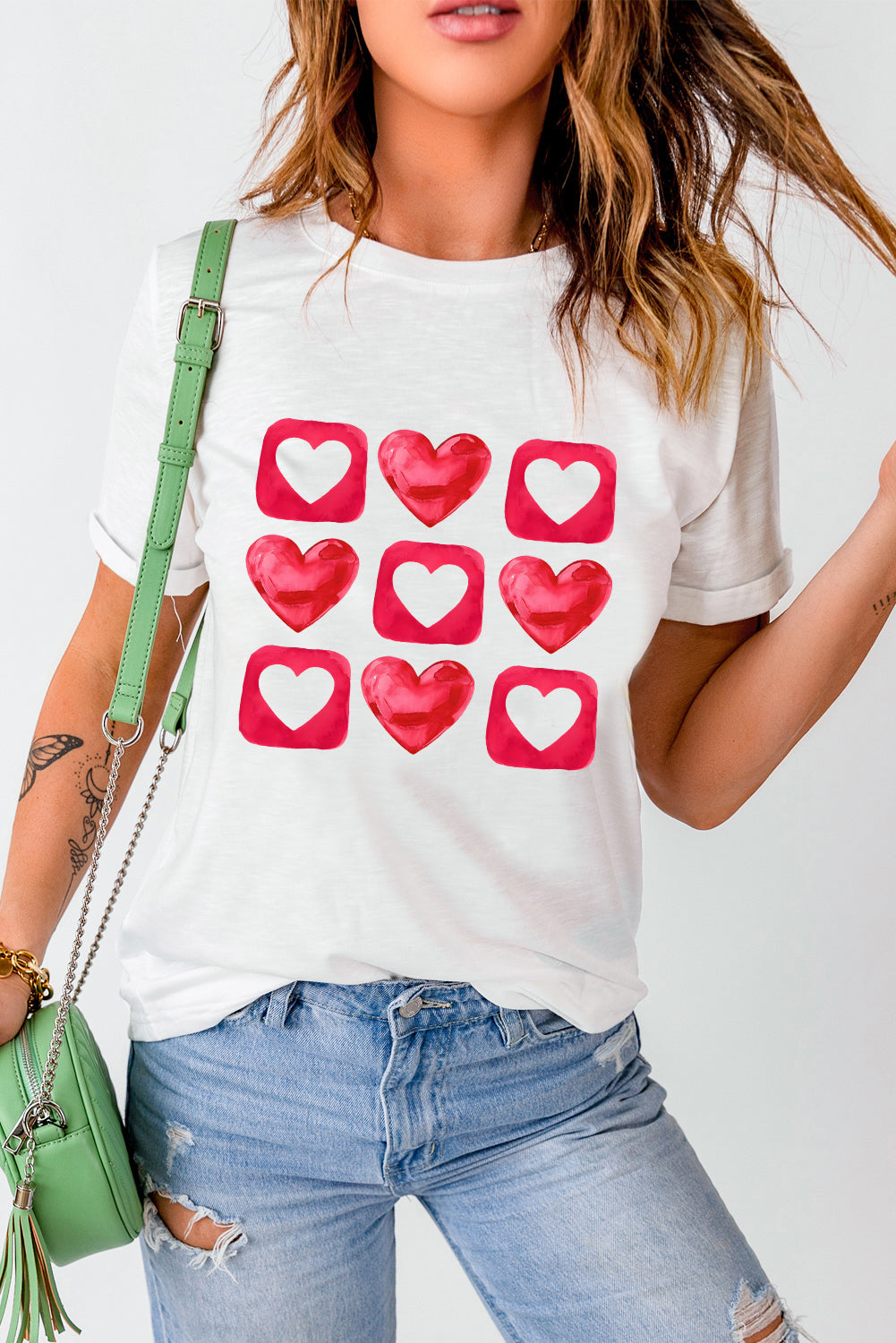 White Heart Graphic Crew Neck Valentines T Shirt Graphic Tees JT's Designer Fashion