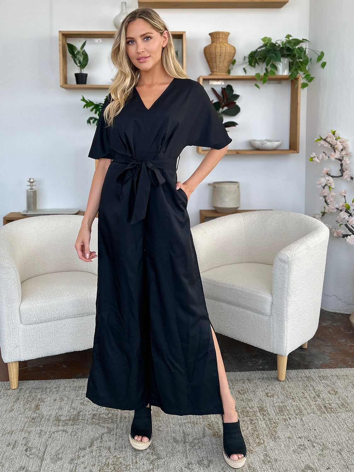 Double Take Full Size V-Neck Tied Side Slit Jumpsuit Jumpsuits & Rompers JT's Designer Fashion