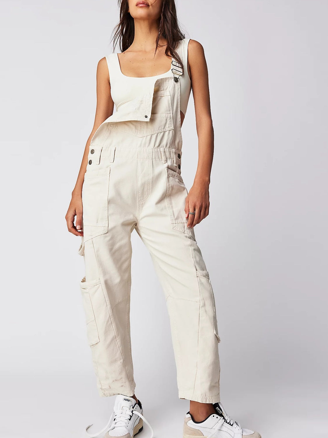 Pocketed Wide Strap Denim Overalls Ivory Jumpsuits & Rompers JT's Designer Fashion