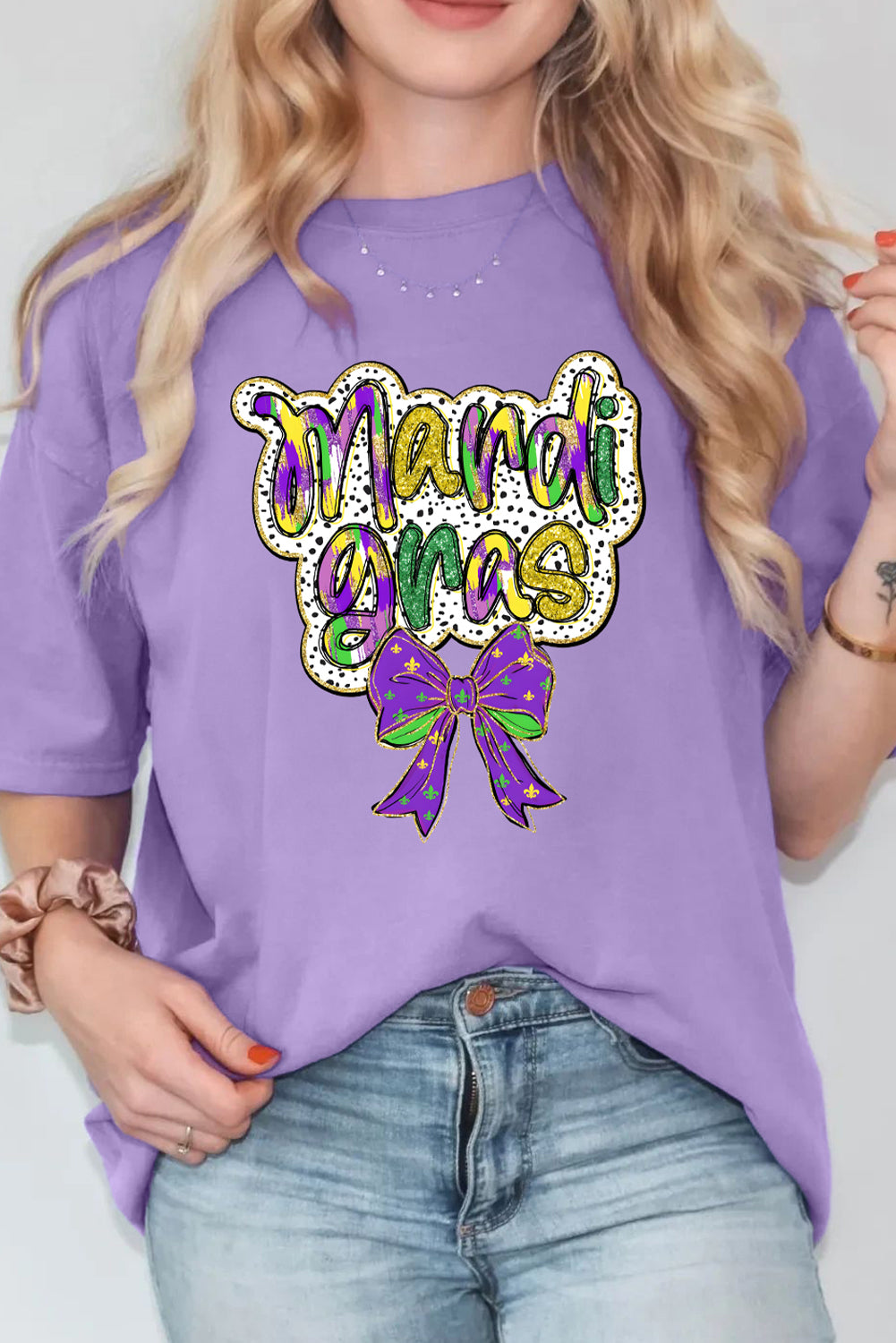 Wisteria mardi gras Bow Printed Crewneck Holiday T Shirt Graphic Tees JT's Designer Fashion