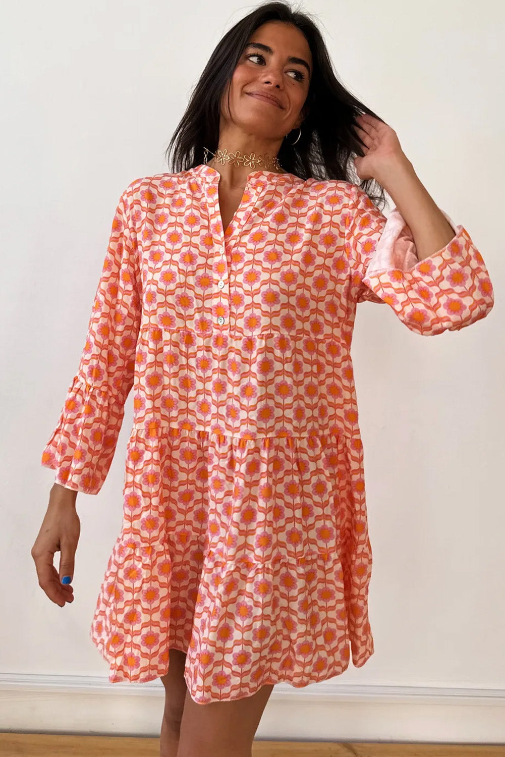 Orange Floral Print Flounce Sleeve Buttoned Front Mini Dress Floral Dresses JT's Designer Fashion