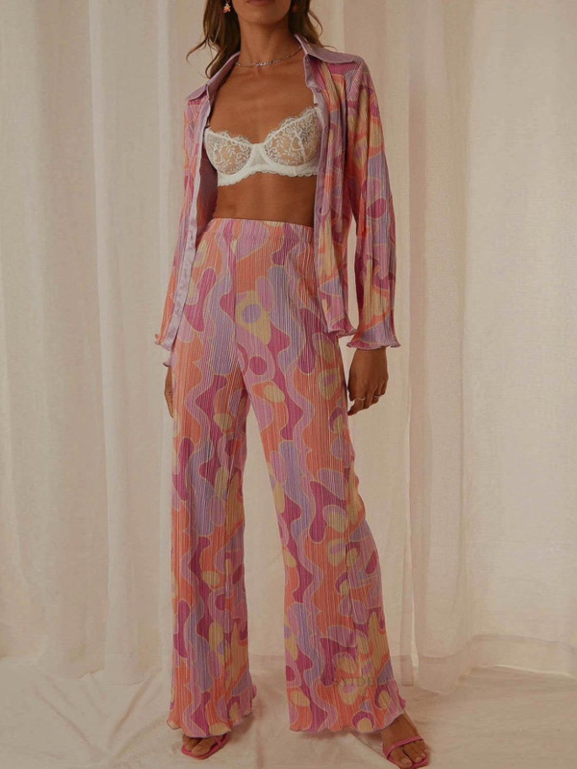 Printed Collared Neck Long Sleeve Top and Pants Lounge Set Deep Rose Sleepwear JT's Designer Fashion