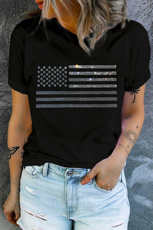 Black Glittering Rhinestone American Flag Pattern T Shirt Graphic Tees JT's Designer Fashion