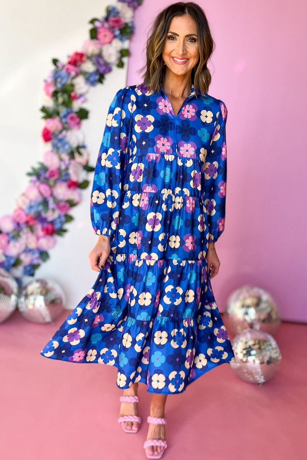 Blue Floral Peasant Sleeve Tiered Ruffle Midi Dress Midi Dresses JT's Designer Fashion