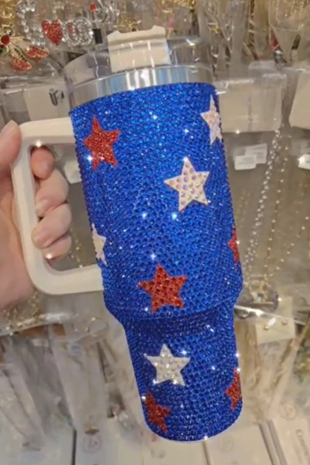 Dark Blue Star Shape Rhinestone Handle Large Vacuum Cup 40oz Tumblers JT's Designer Fashion