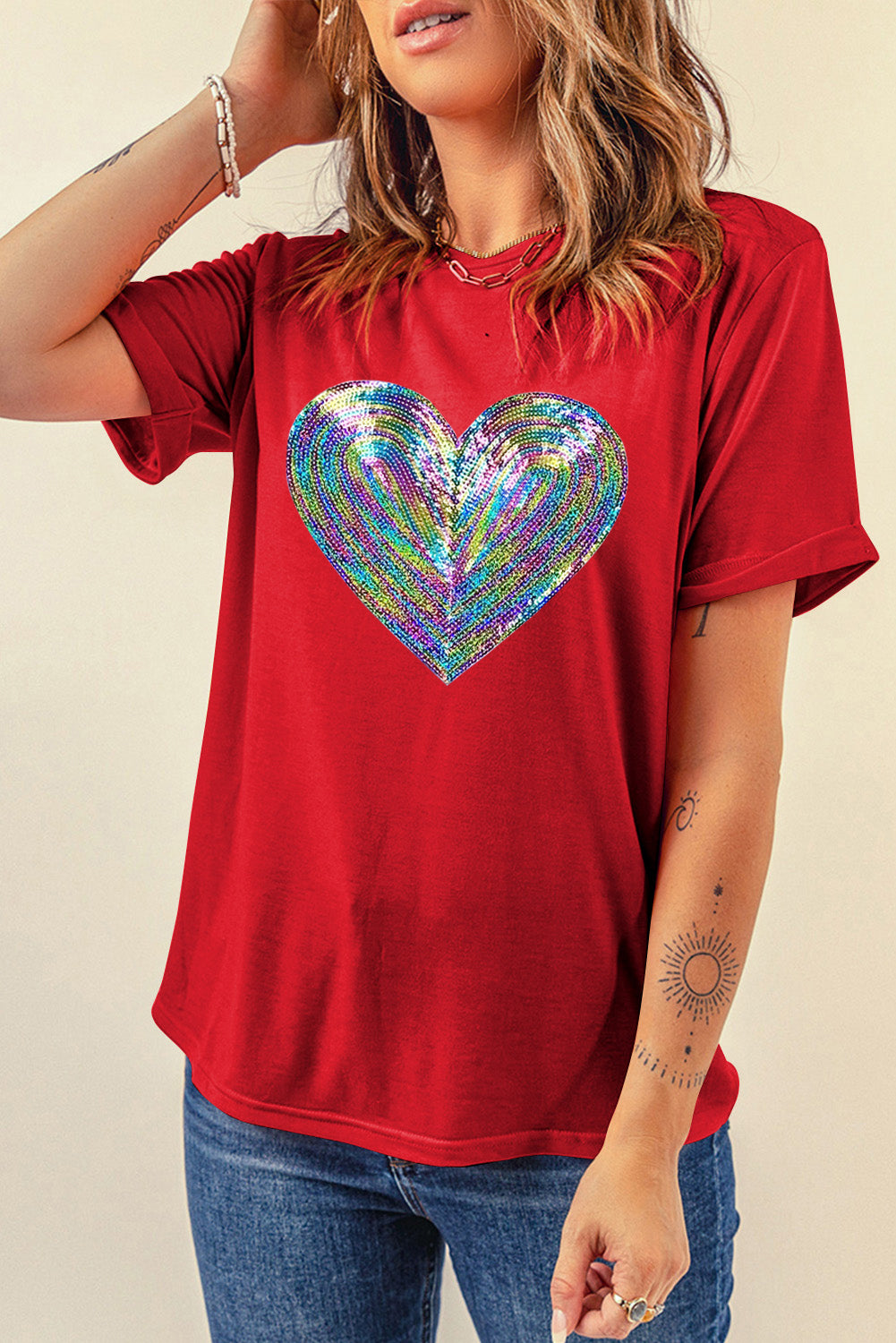 Red Rainbow Sequin Heart Shape Crew Neck T Shirt Graphic Sweatshirts JT's Designer Fashion