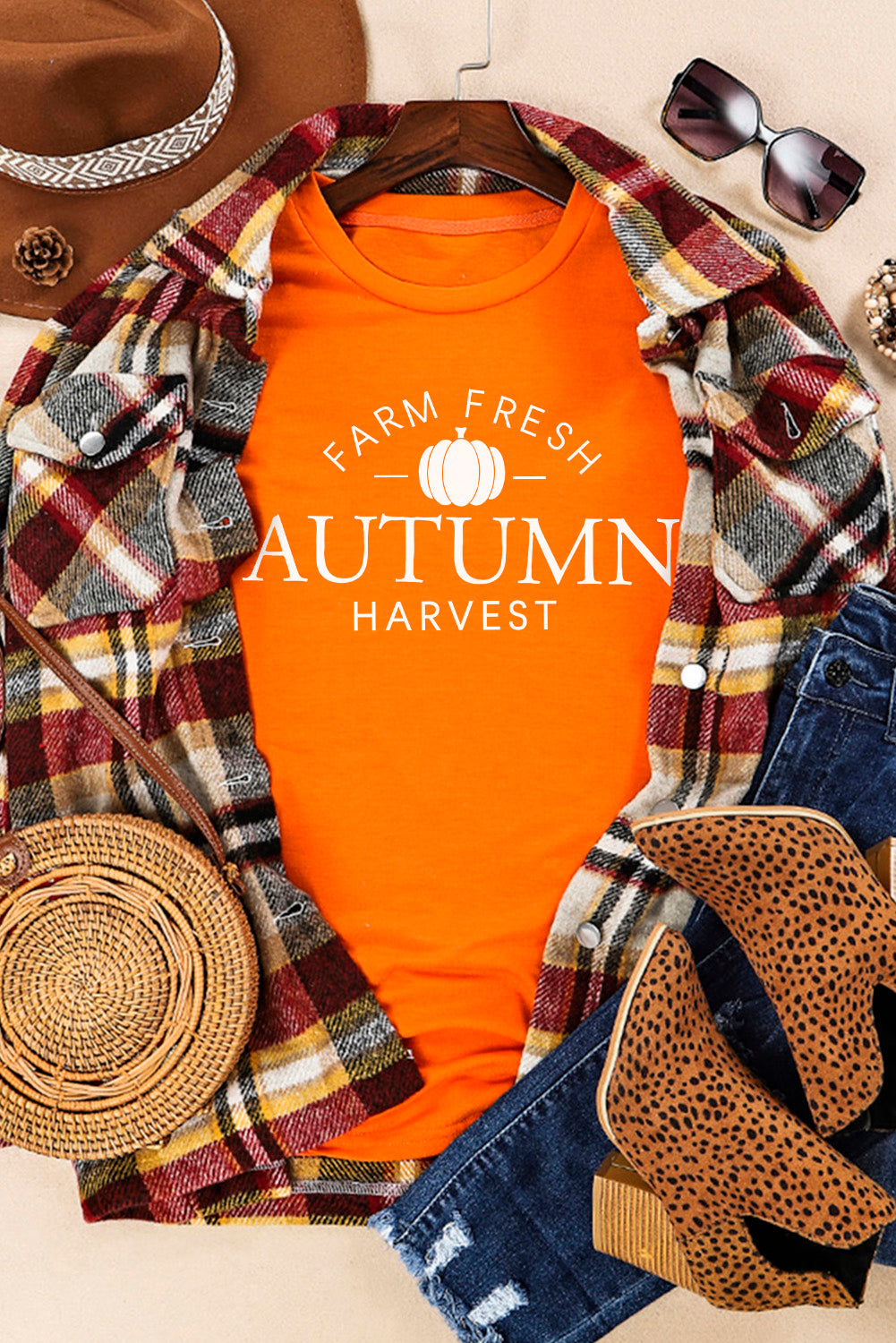 Orange FARM FRESH AUTUMN Harvest Pattern Crew Neck T Shirt Graphic Tees JT's Designer Fashion