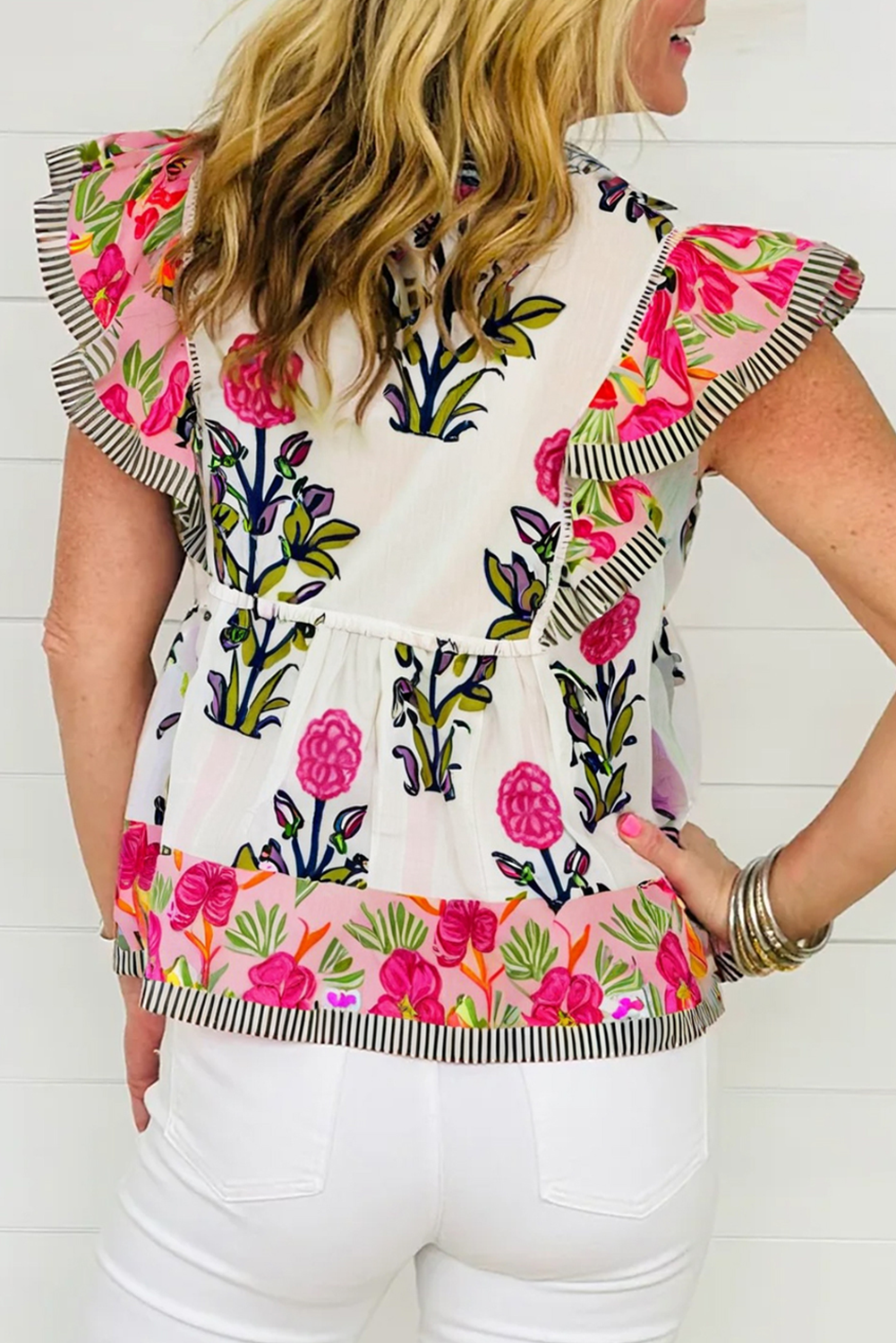 Pink Floral Print Tie Neck Striped Detail Flutter Sleeve Blouse Pre Order Tops JT's Designer Fashion
