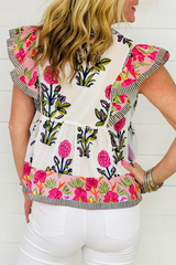Pink Floral Print Tie Neck Striped Detail Flutter Sleeve Blouse Pre Order Tops JT's Designer Fashion