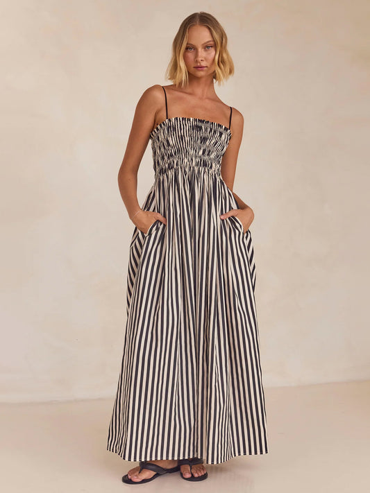 Smocked Striped Square Neck Cami Dress Black White Maxi Dresses JT's Designer Fashion