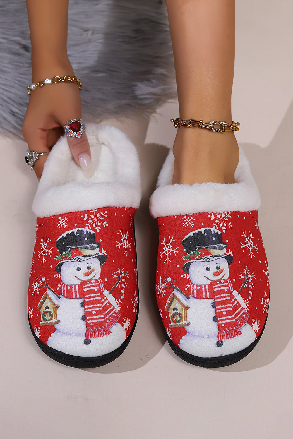 Fiery Red Christmas Snowman Print Plush Home Slippers Slippers JT's Designer Fashion