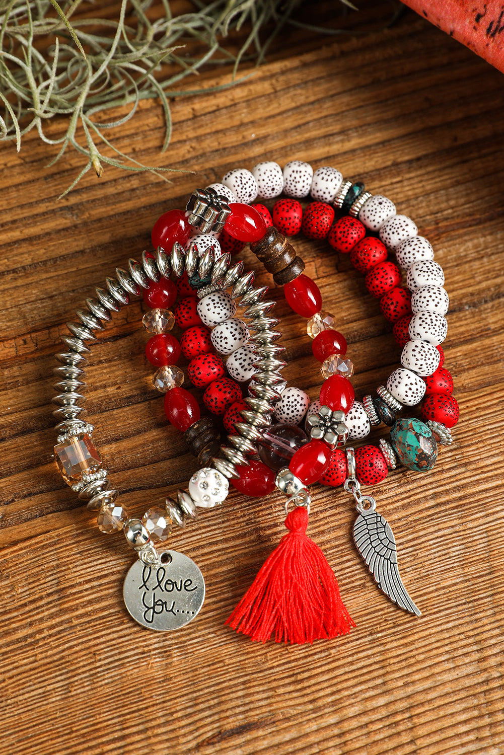 Fiery Red 4pcs Boho Disc Tassel Wing Pendant Beaded Bracelet Set Jewelry JT's Designer Fashion