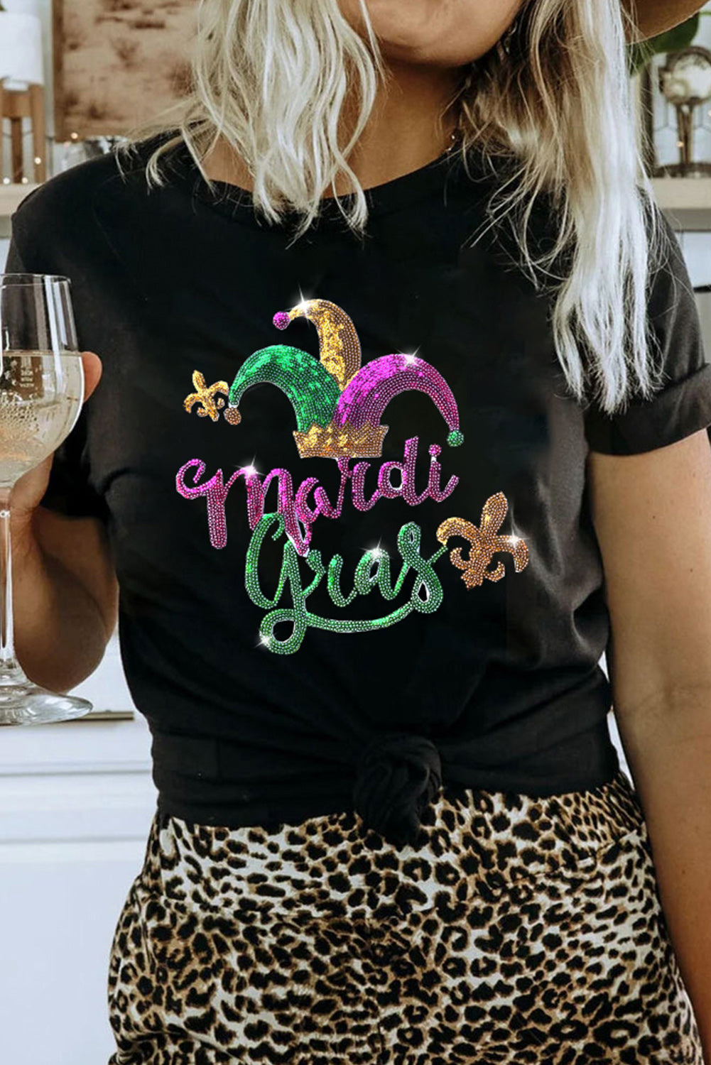 Black Mardi Gras Sequin Pattern Crew Neck T Shirt Graphic Tees JT's Designer Fashion