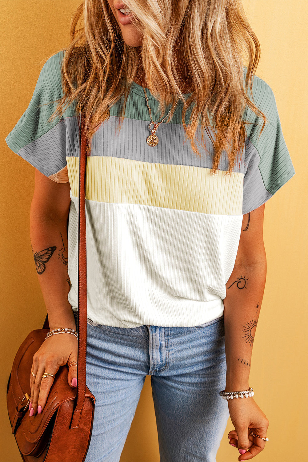 Moonlight Jade Ribbed Color Block Patchwork T-shirt Tops & Tees JT's Designer Fashion