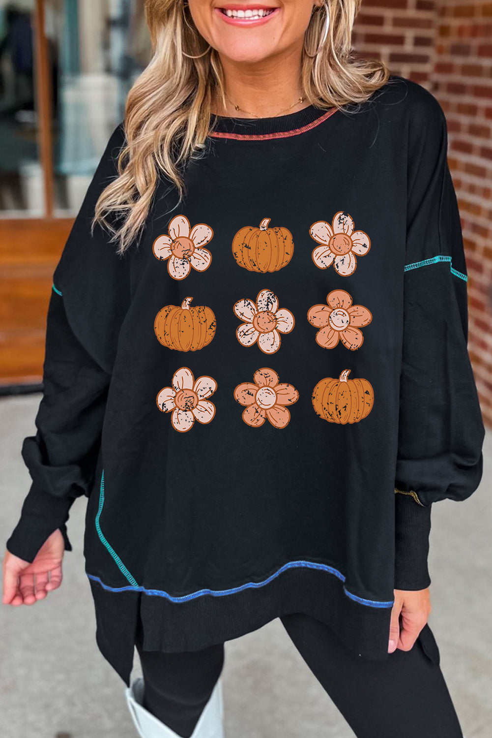 Black Floral Pumpkin Graphic Split Lantern Sleeve Seamed Sweatshirt Black 50%Polyester+50%Cotton Graphic Sweatshirts JT's Designer Fashion