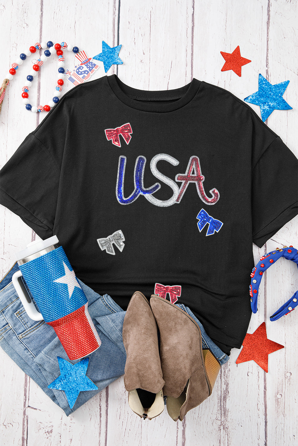 Black Sequin USA Bow Graphic Independence Day T Shirt Graphic Tees JT's Designer Fashion