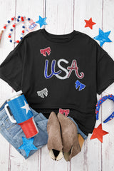 Black Sequin USA Bow Graphic Independence Day T Shirt Graphic Tees JT's Designer Fashion