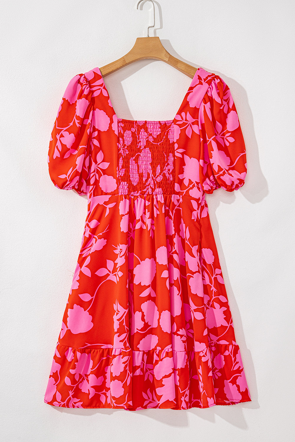 Red Floral Bubble Sleeve Sweetheart Neck Ruffled Mini Dress Floral Dresses JT's Designer Fashion