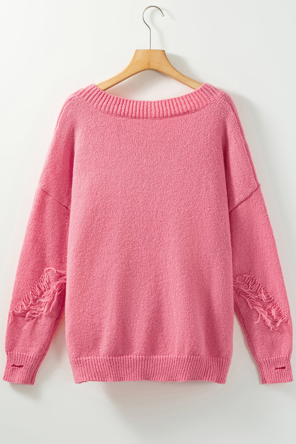 Pink Distressed Fringed Detail V Neck Baggy Sweater Sweaters & Cardigans JT's Designer Fashion