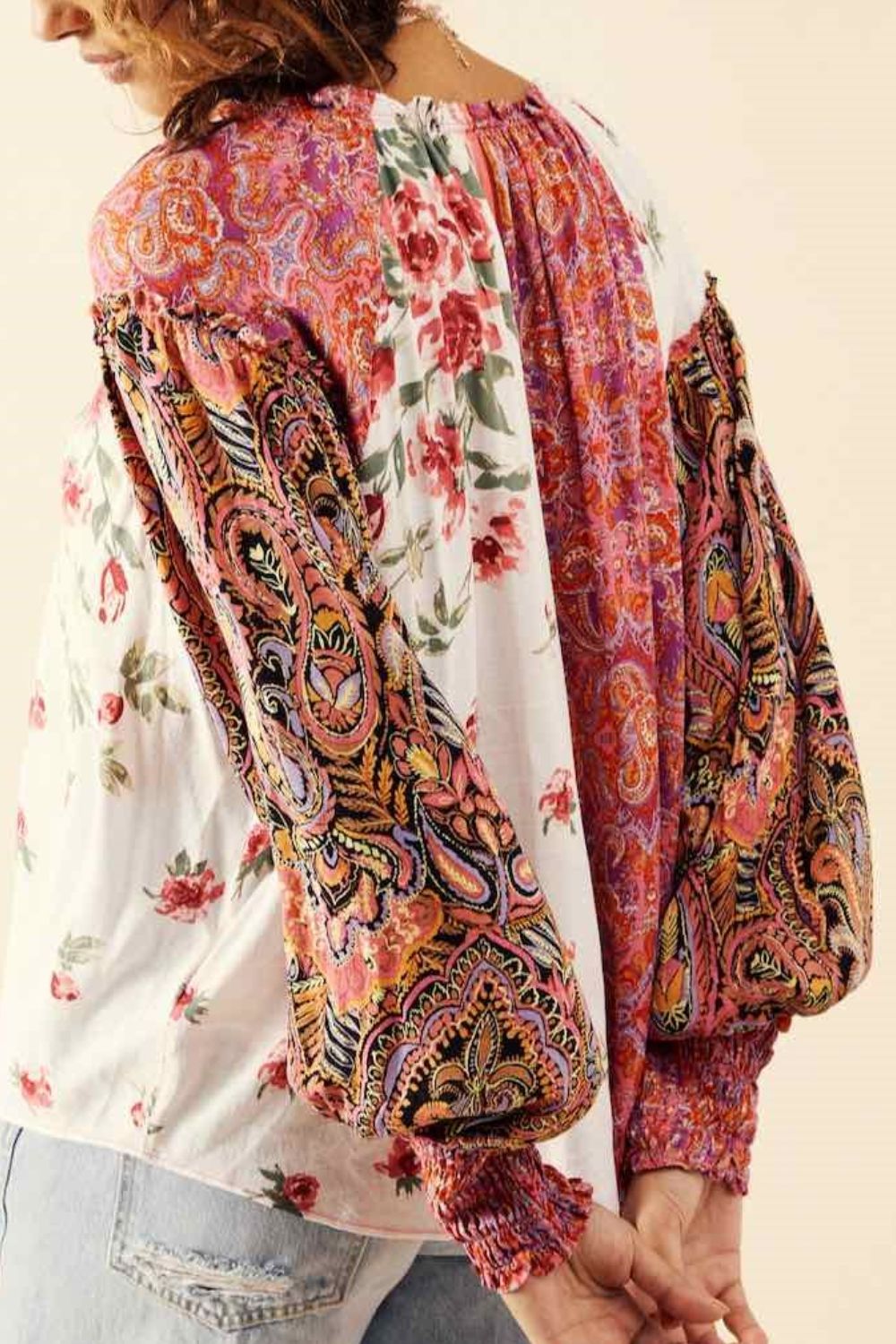 Frill Floral Shirred Cuff Long Sleeve Blouse Long Sleeve Tops JT's Designer Fashion