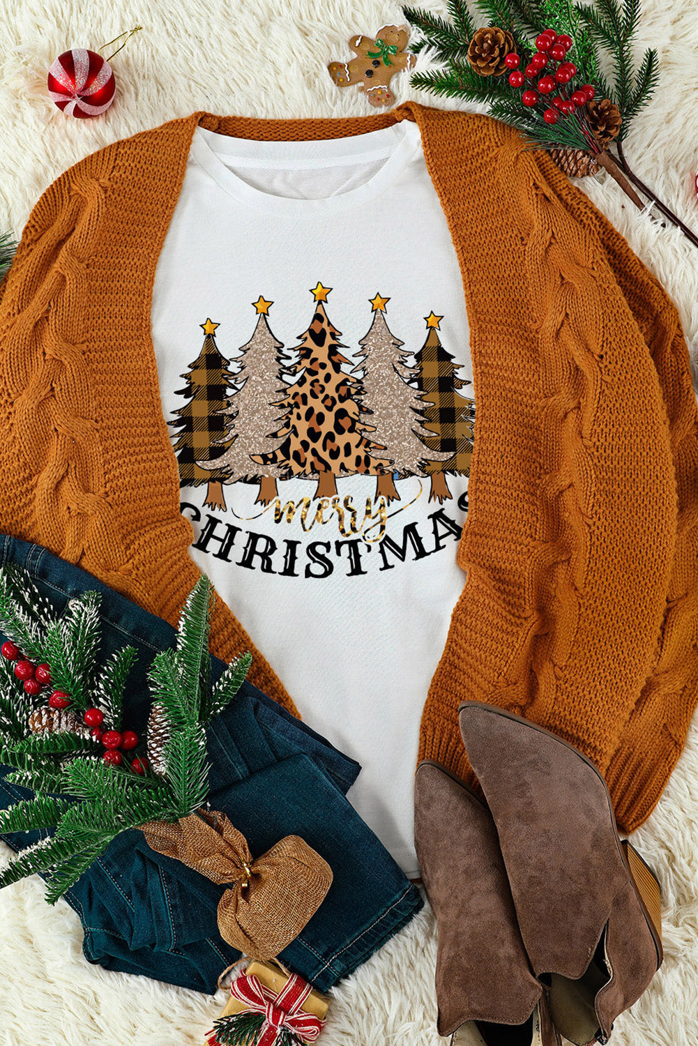 White Merry Christmas Plaid Leopard Trees Graphic T Shirt Graphic Tees JT's Designer Fashion