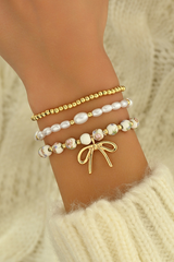 Gold Bow Knot Charm Beaded Triple Layer Bracelet Set Jewelry JT's Designer Fashion