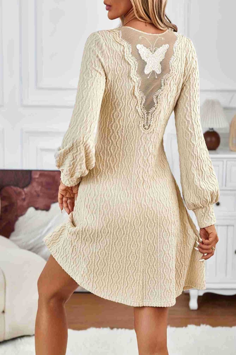 Lace Detail V-Neck Long Sleeve Dress Beige Midi Dresses JT's Designer Fashion