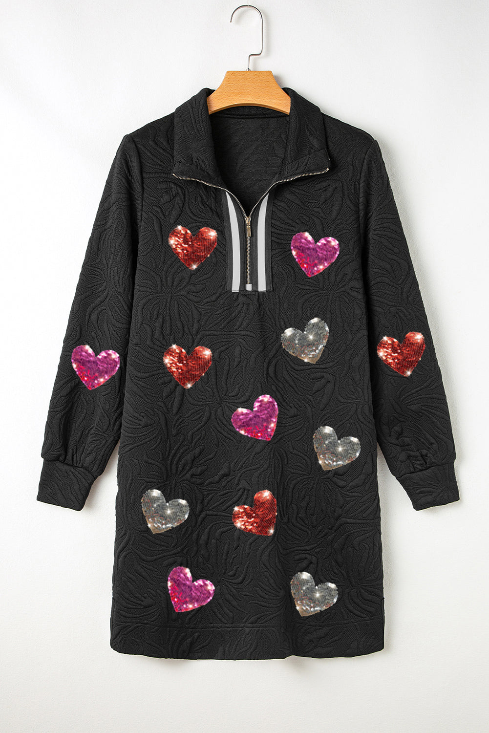 Black Textured Heart Patched Graphic Bracelet Sleeve Quarter Zip Collar Mini Dress Graphic Dresses JT's Designer Fashion