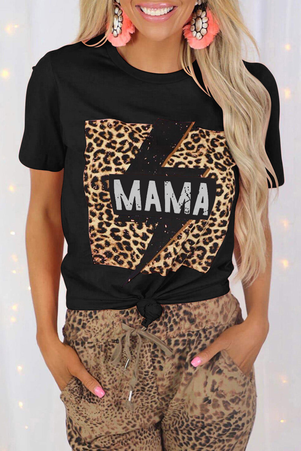 Black MAMA Leopard Lightning Print Graphic T-shirt Black Cotton Blends Graphic Tees JT's Designer Fashion