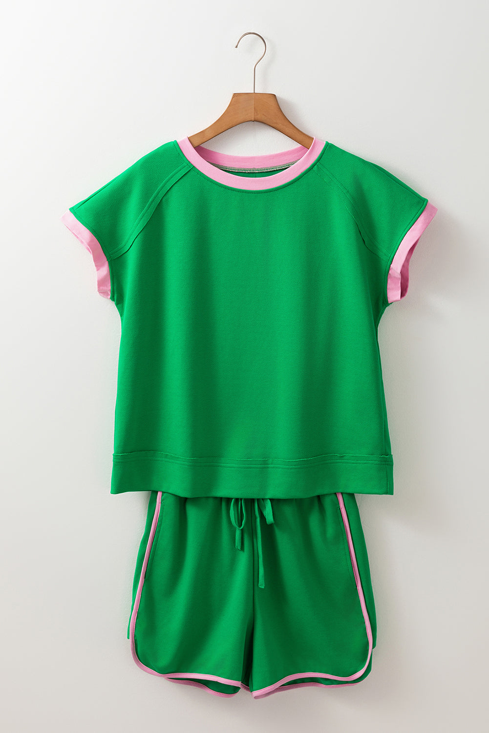 Bright Green Two Tone Contrast Textured Crewneck Tee and Shorts Set Short Sets JT's Designer Fashion