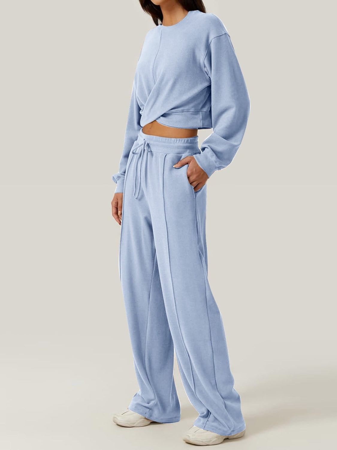 Crisscross Round Neck Top and Drawstring Pants Set Light Blue Pant Sets JT's Designer Fashion