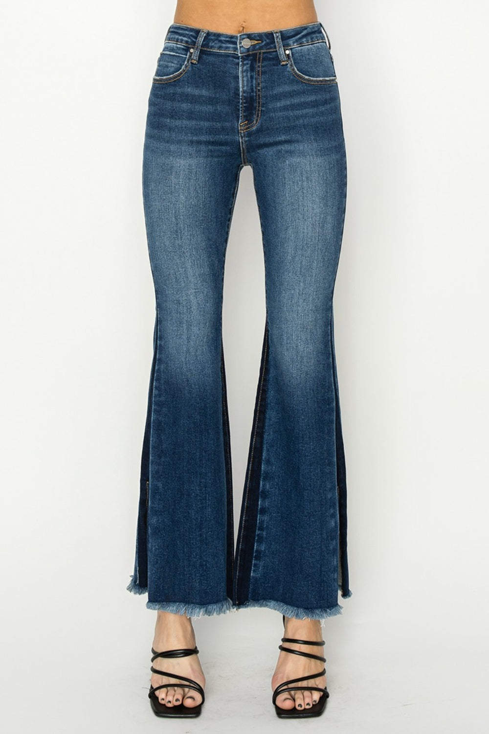 RISEN Full Size High Rise Side Shadow Seam Detail Slit Flare Jeans Jeans JT's Designer Fashion