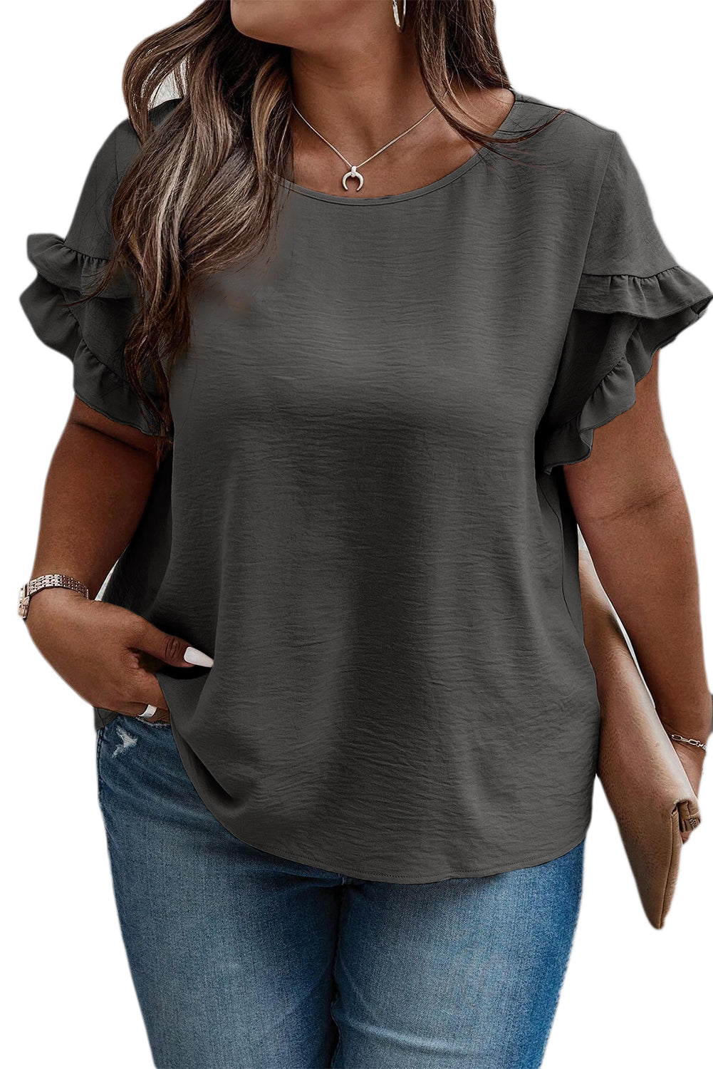 Dark Grey Ruffled Short Sleeve Plus Size Top Plus Size JT's Designer Fashion