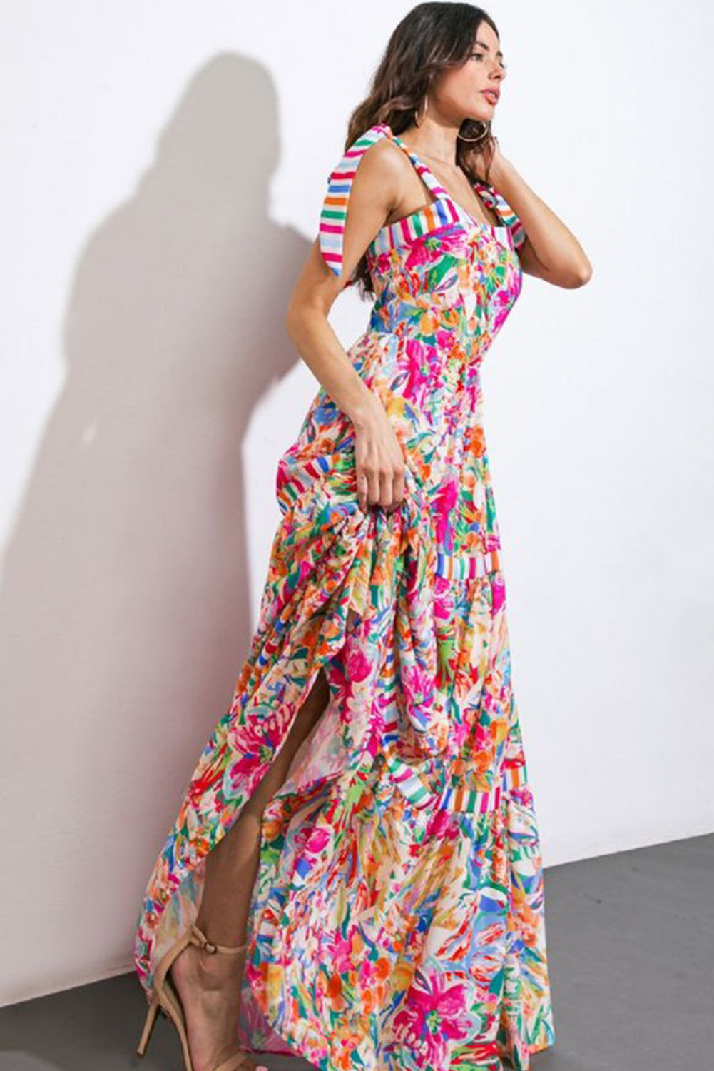 Rose Striped Trim Self-tie Straps Floral Maxi Dress Maxi Dresses JT's Designer Fashion