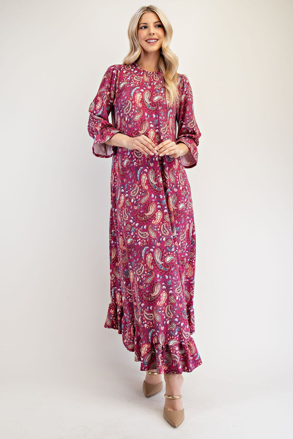 Celeste Full Size Ruffle Hem Paisley Round Neck Dress Maxi Dresses JT's Designer Fashion