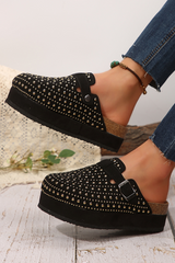 Black Rivet Buckle Closed Toe Platform Slippers Slippers JT's Designer Fashion