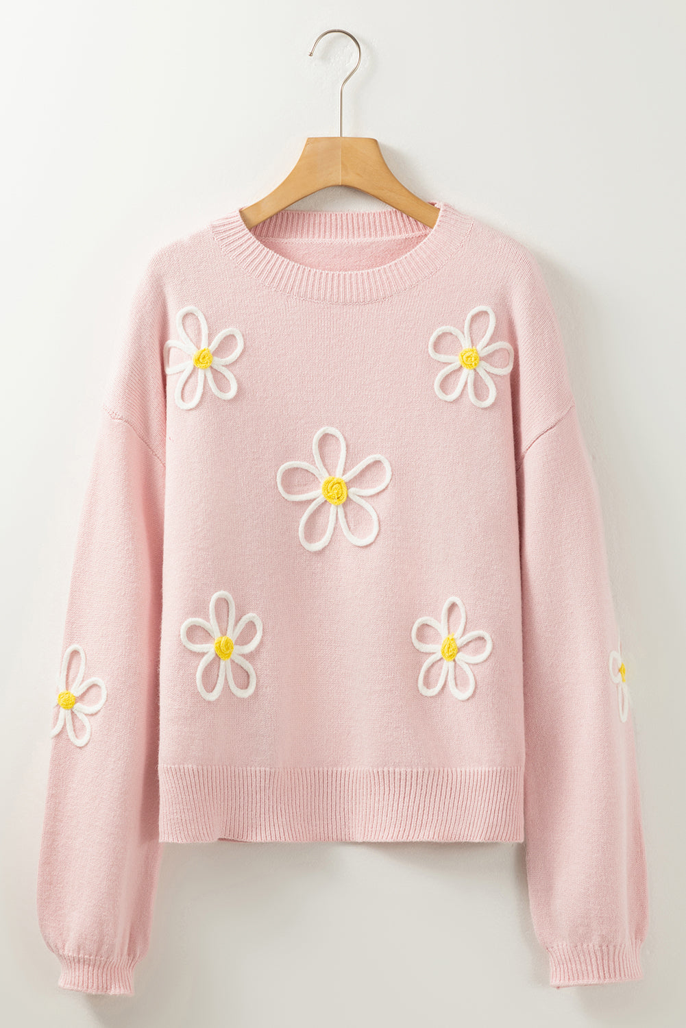 Pink Chenille Daisy Stitching Crew Neck Sweater Sweaters & Cardigans JT's Designer Fashion