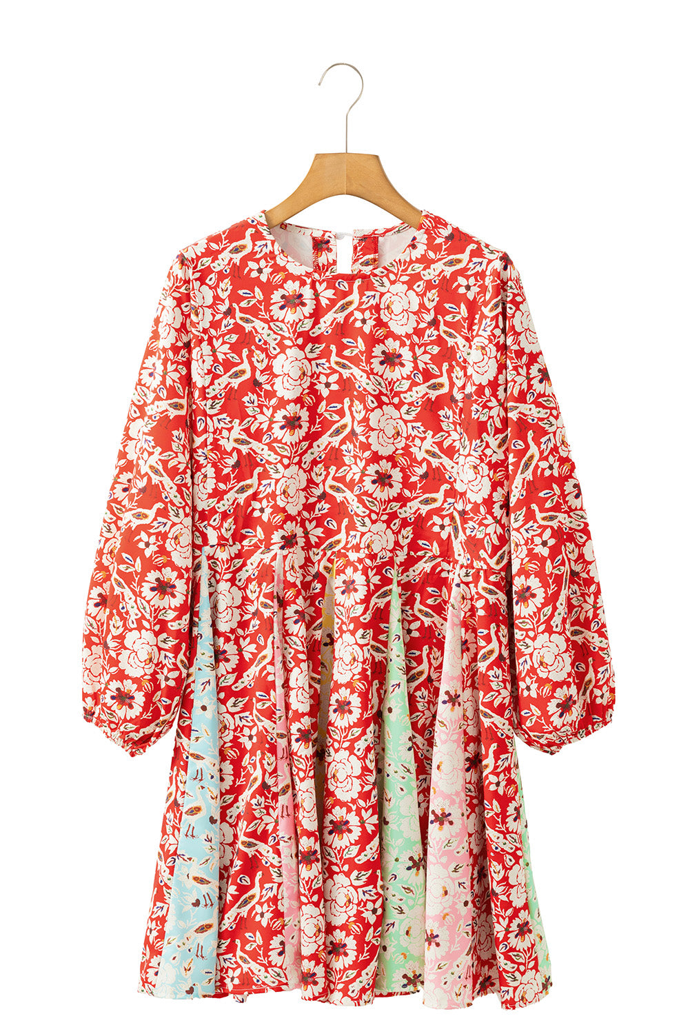 Red Colorful Floral Patchwork Long Sleeve Pleated Mini Dress Floral Dresses JT's Designer Fashion