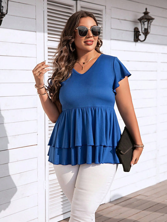 Plus Size V-Neck Flutter Sleeve Blouse Royal Blue Blouses & Shirts JT's Designer Fashion