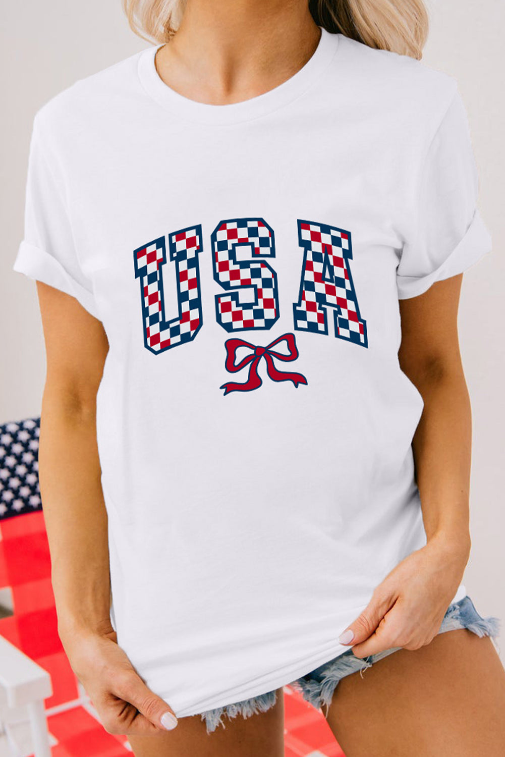 White Checkered USA Graphic Casual Tee Graphic Tees JT's Designer Fashion